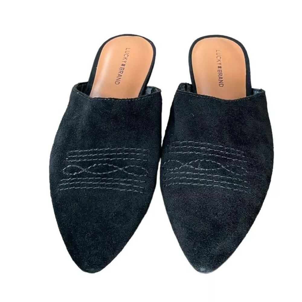 Lucky Brand / Belky Black Oiled Suede Slip On Mules / Boho Shoes - Picture 1 of 5